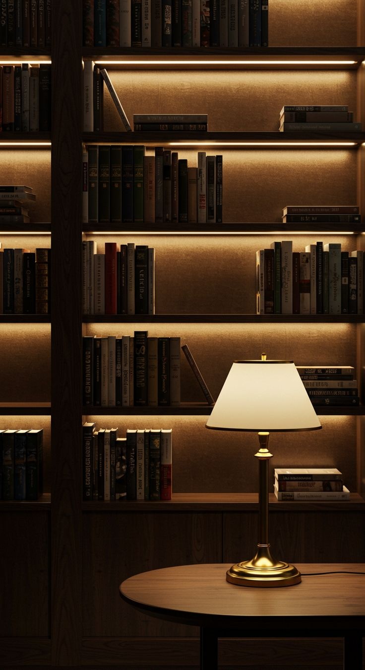 Dark wooden bookshelf with law books and a lamp casting warm light